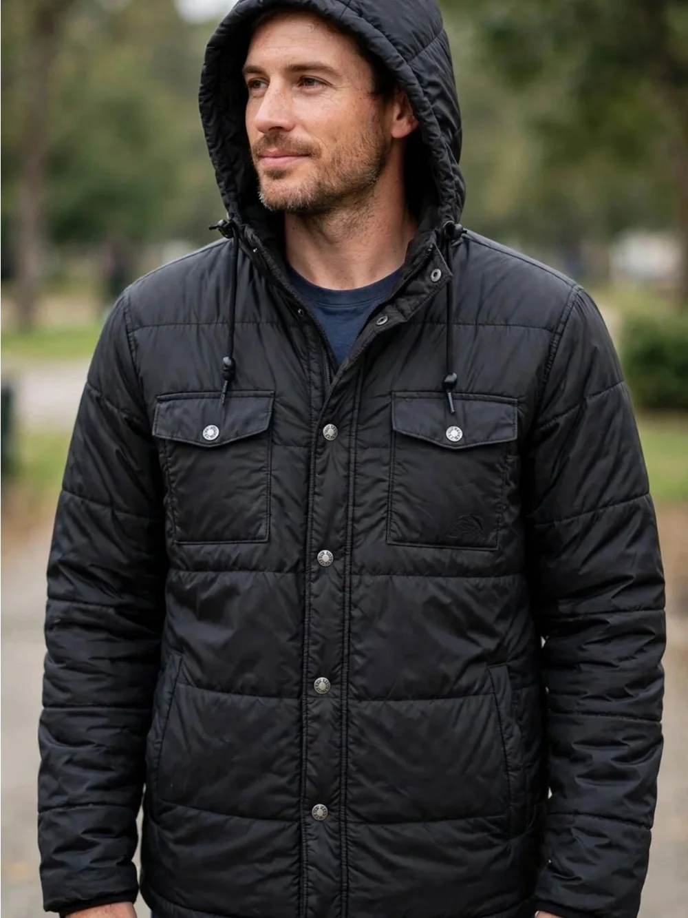 The North Face Men's Meeks Black Hooded Quilted Puffer Jacket L snap closure